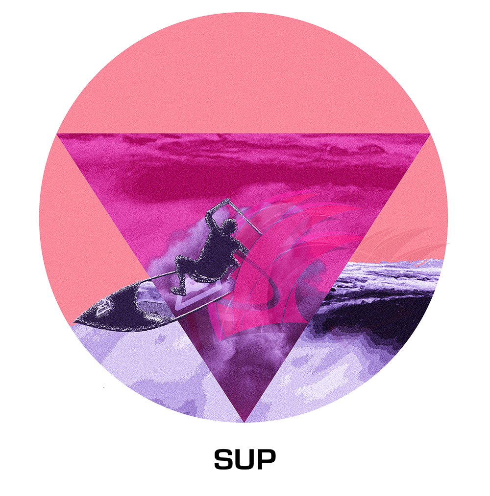 Grafik, welche einen Surfer mit einem SUP auf einer Welle abbildet. Die Grafik steht für Stand Up Paddling