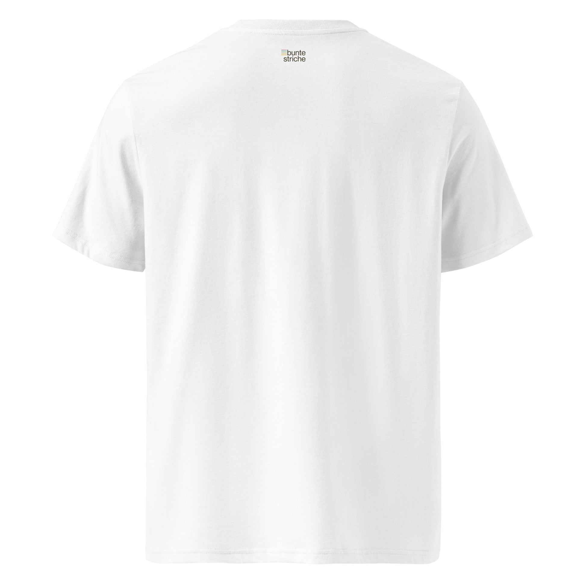 Weißes Bio-Unisex-T-Shirt mit buntestriche-Logo auf der Rückseite