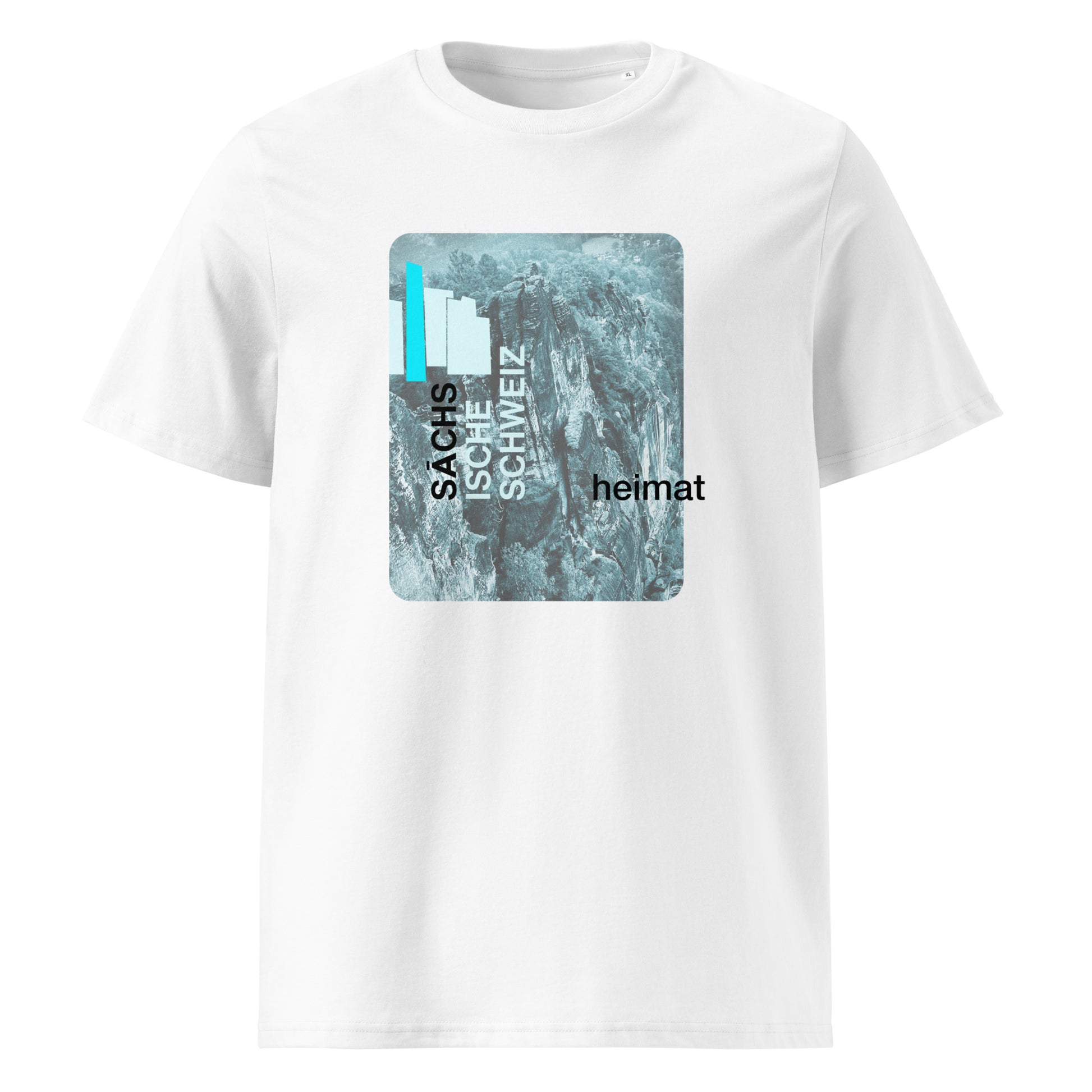 Weißes Bio-Unisex-T-Shirt mit stilisierten Aufdruck, welcher die Sächsische Schweiz abbildet