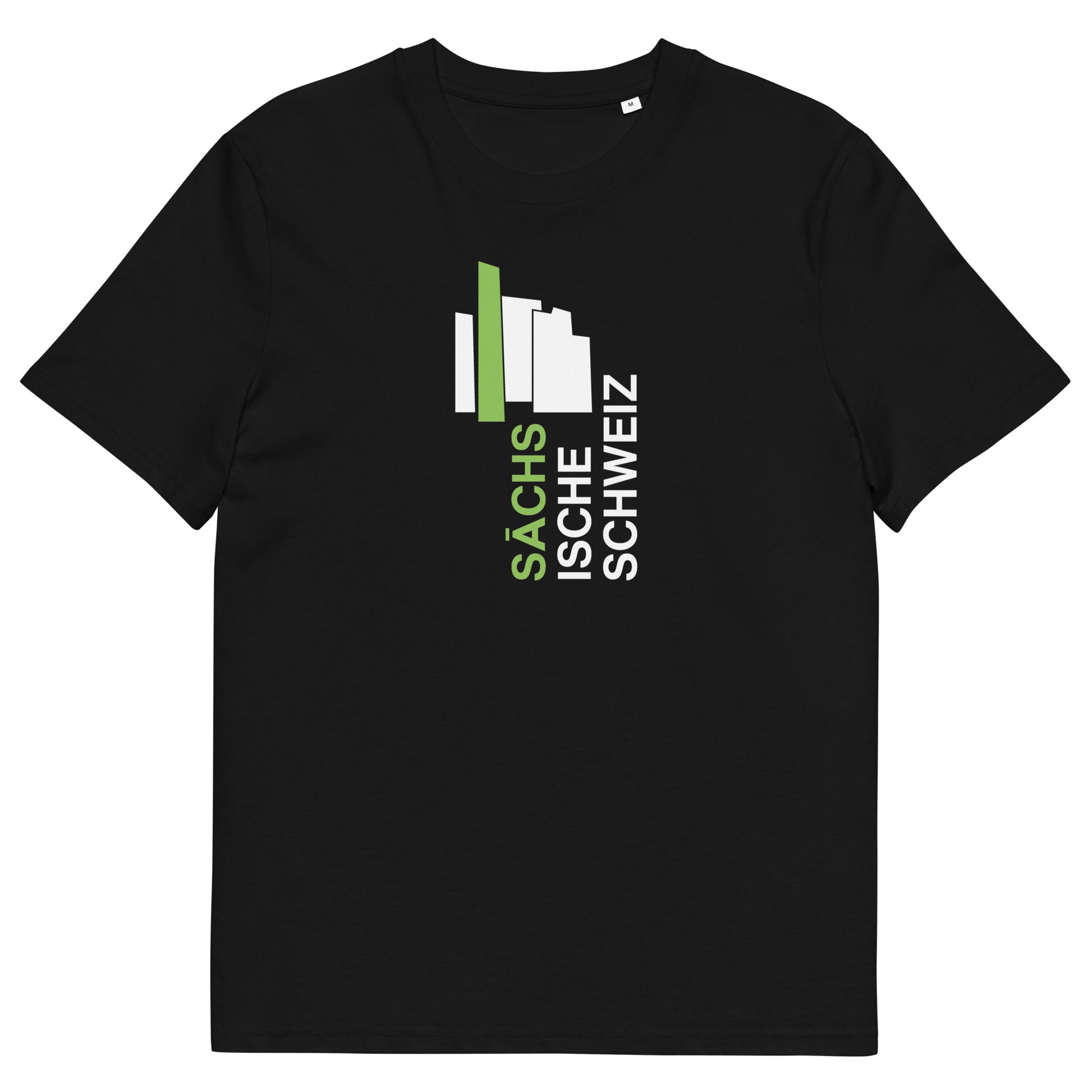 Schwarzes Bio-Unisex-T-Shirt mit stilisierten Aufdruck, welcher die Sächsische Schweiz abbildet