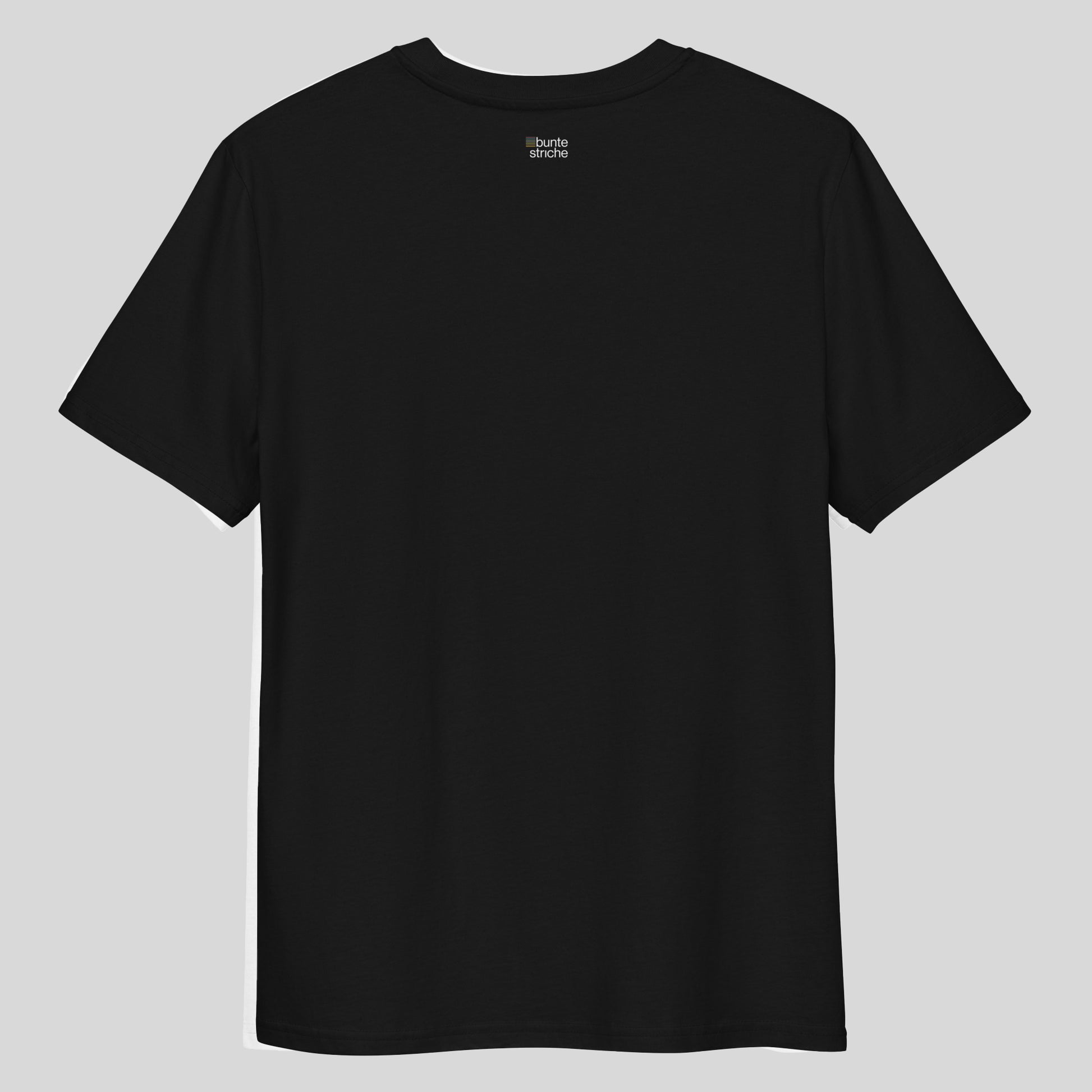 Schwarzes Bio-Unisex-T-Shirt mit buntestriche-Logo auf der Rückseite