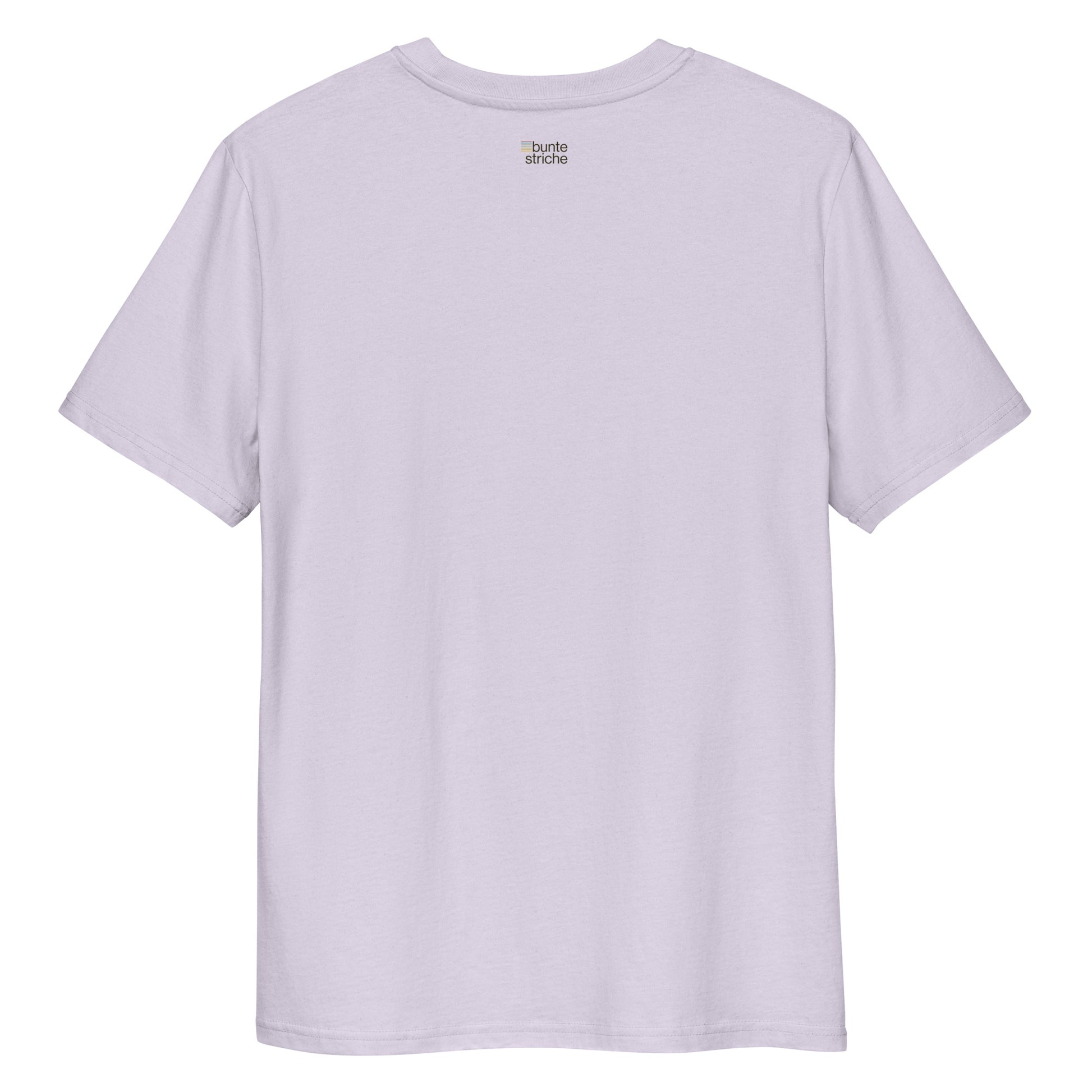 Bio-Unisex-T-Shirt (Lavendel) mit buntestriche-Logo auf der Rückseite