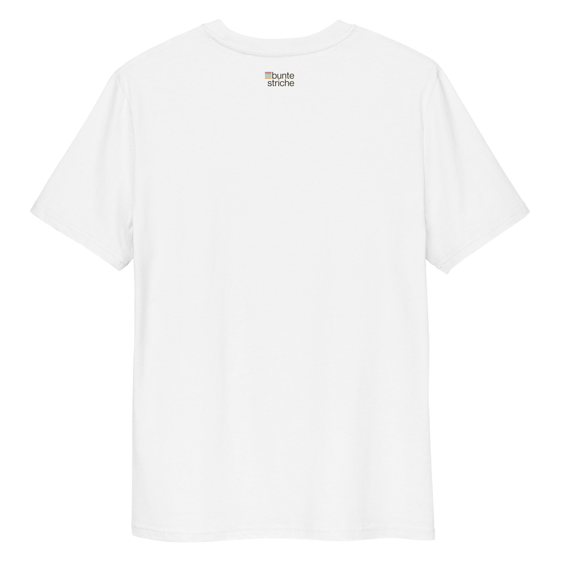 Weißes Bio-Unisex-T-Shirt mit buntestriche-Logo auf der Rückseite