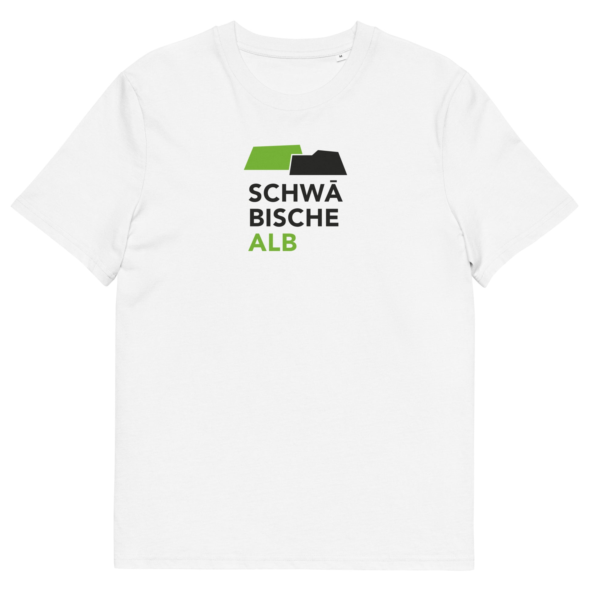 Weißes Bio-Unisex-T-Shirt mit stilisierten Aufdruck, welcher die Schwäbische Alb abbildet