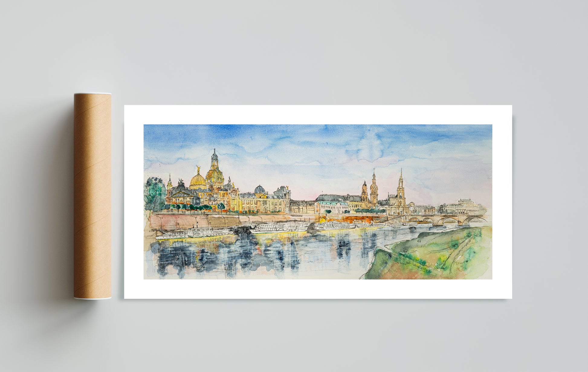 quarell-Kunstdruck der Brühlschen Terrasse in Dresden mit Versandhülse