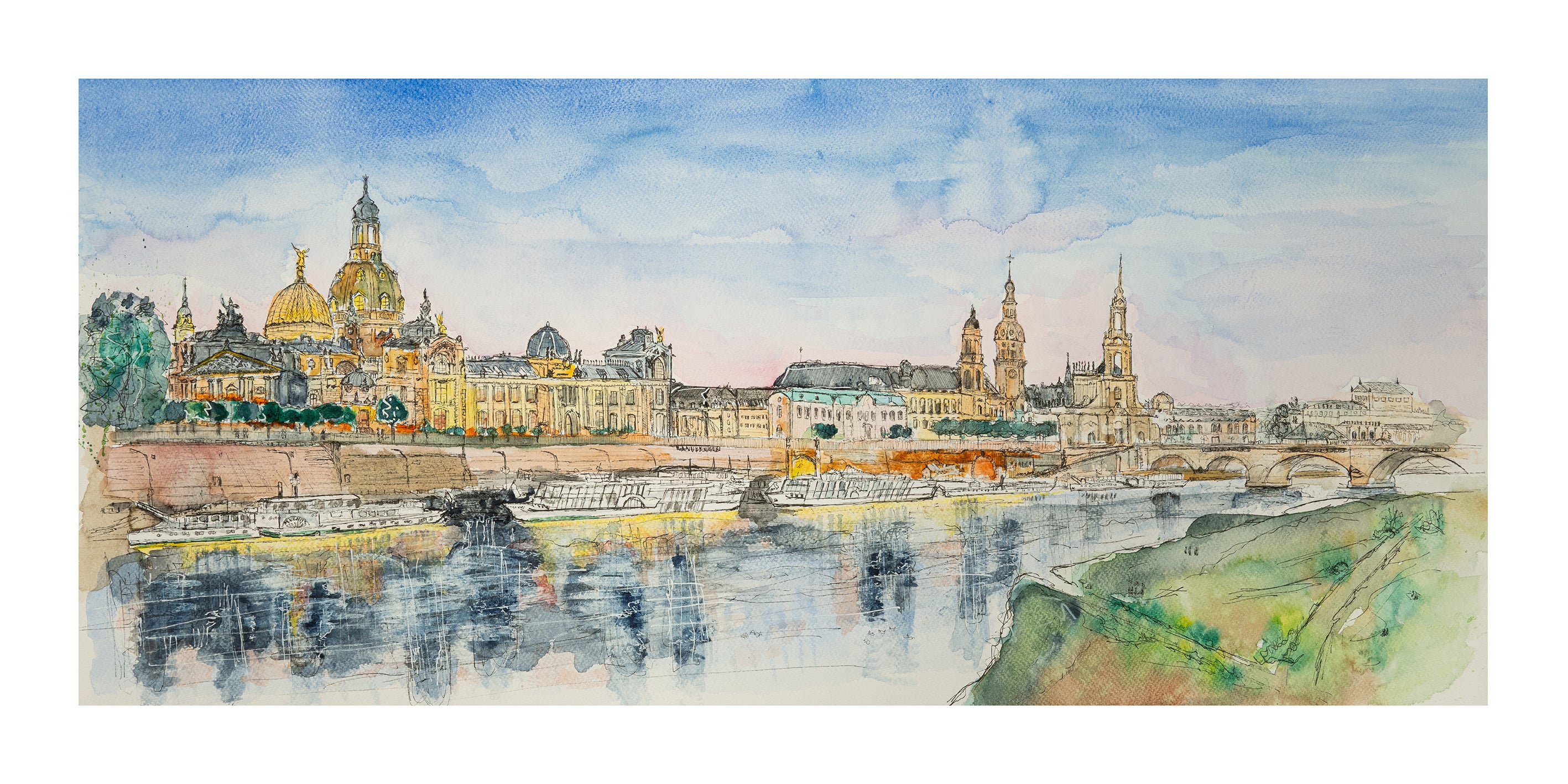 quarell-Kunstdruck der Brühlschen Terrasse in Dresden