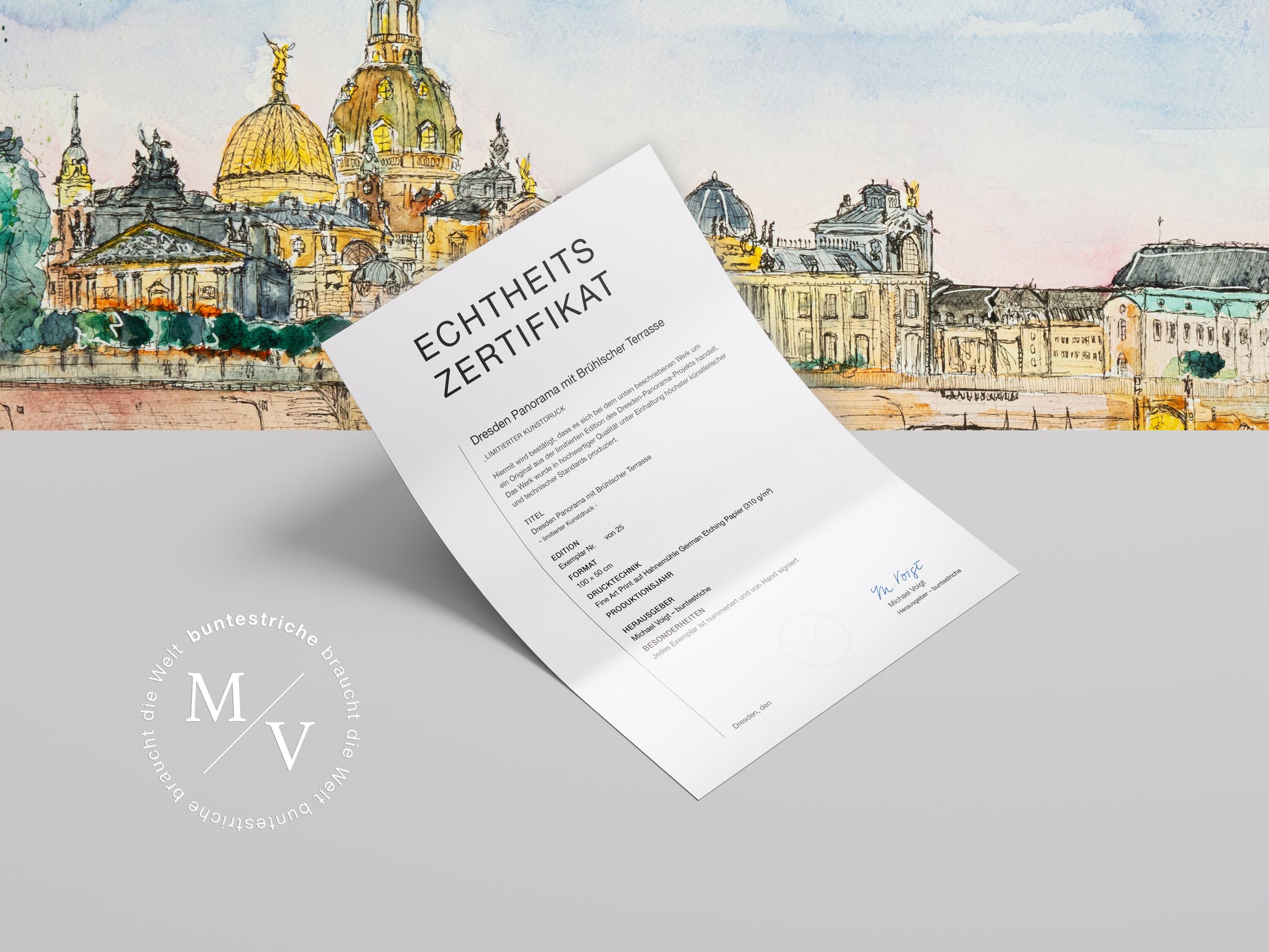 quarell-Kunstdruck der Brühlschen Terrasse in Dresden mit Echtheitszertifikat