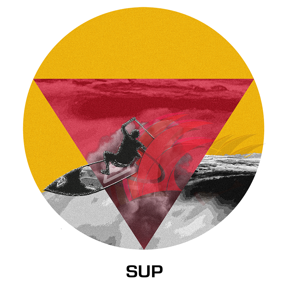 Grafischer Aufdruck, welcher einen Surfer mit einem SUP auf einer Welle abbildet. Der Aufdruck steht für Stand Up Paddling