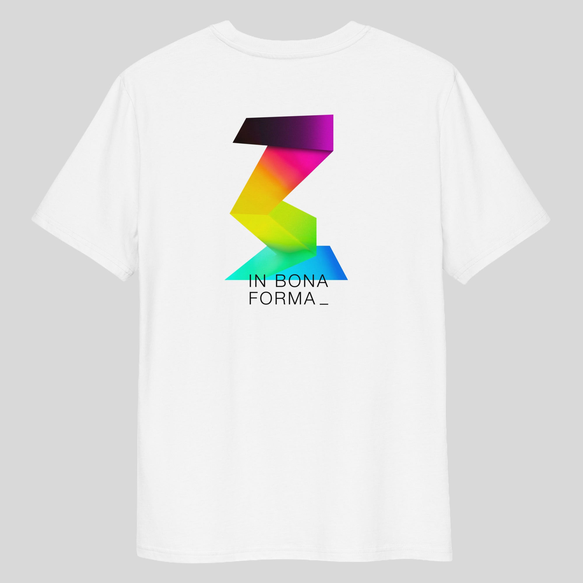 Unisex Bio-Baumwoll T-Shirt „IN BONA FORMA“ von buntestriche – Rückseite mit farbiger Grafik