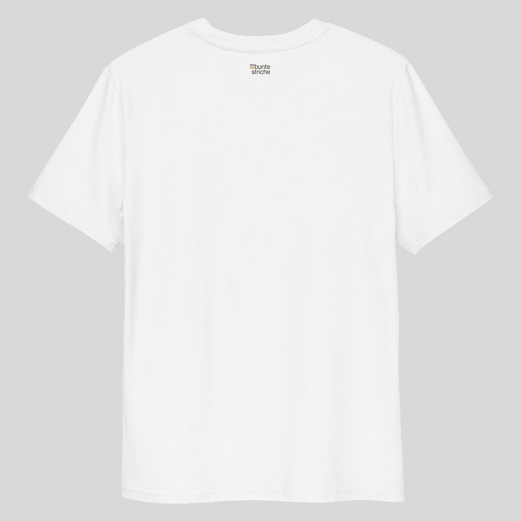 Rückseite des Tennisshirts mit kleinem „buntestriche“-Label mittig unter dem Kragen