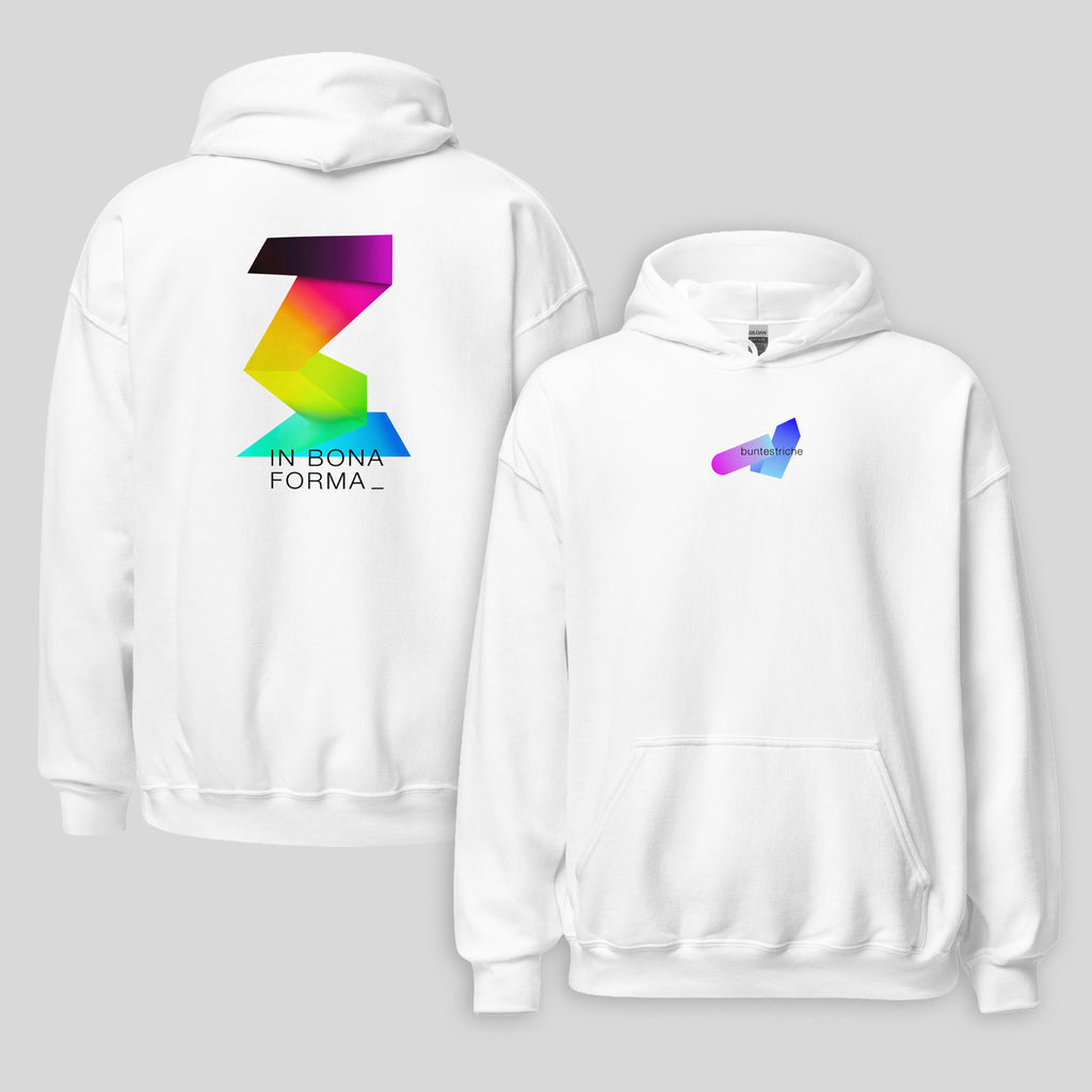Unisex Hoodie „IN BONA FORMA“ Streetwear Kapuzenpullover von buntestriche – Front und Back Ansicht mit Grafikdesign