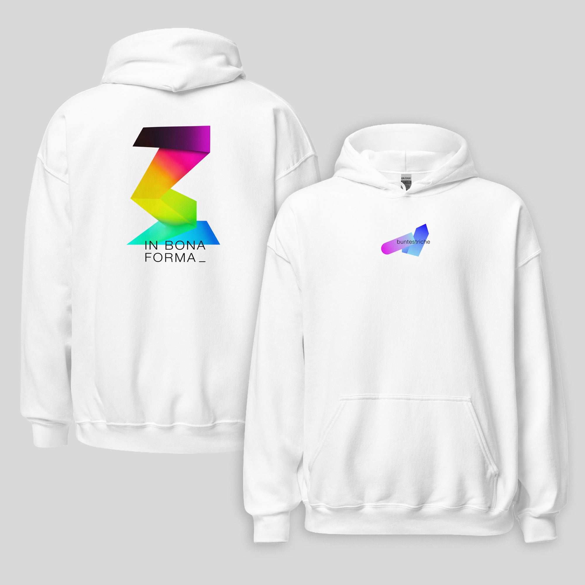 Unisex Hoodie „IN BONA FORMA“ Streetwear Kapuzenpullover von buntestriche – Front und Back Ansicht mit Grafikdesign