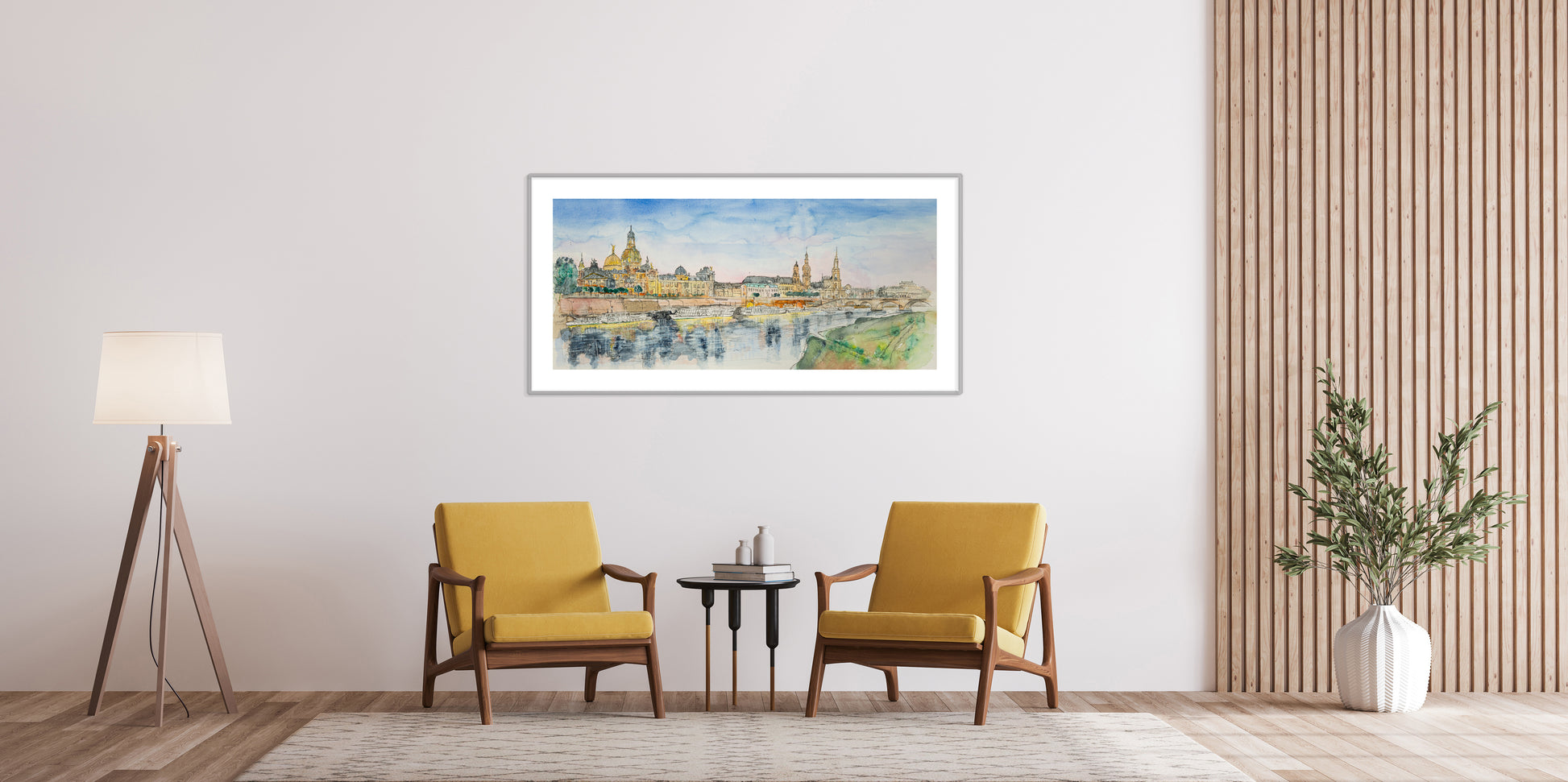 Aquarell-Kunstdruck der Brühlschen Terrasse in Dresden im Panoramaformat, gerahmt an der Wand eines modern eingerichteten Wohnzimmers.