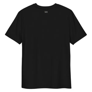 Scharzes Bio-Unisex-T-Shirt mit buntestriche-Logo auf der Rückseite