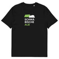 Schwarzes Bio-Unisex-T-Shirt mit stilisierten Aufdruck, welcher die Schwäbische Alb abbildet