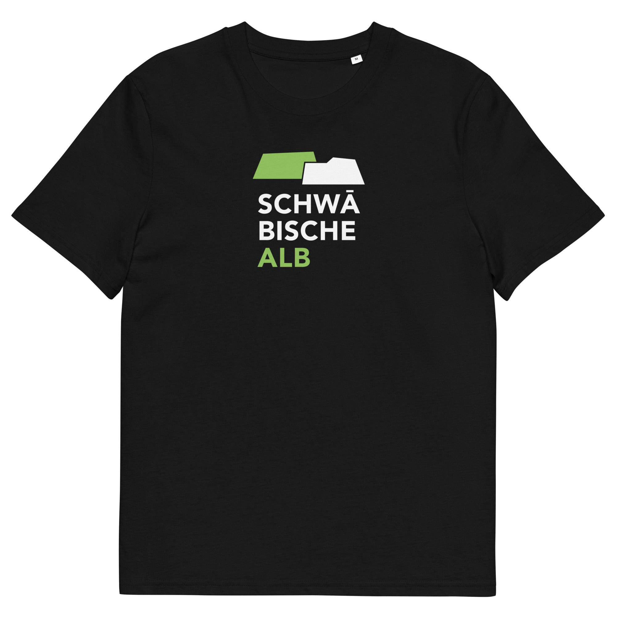 Schwarzes Bio-Unisex-T-Shirt mit stilisierten Aufdruck, welcher die Schwäbische Alb abbildet
