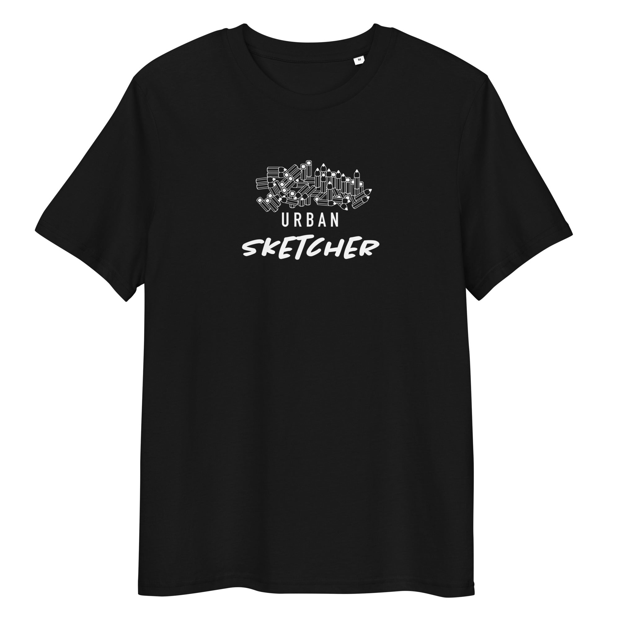 Schwarzes Bio-Unisex-T-Shirt mit stilisierten Aufdruck, welcher Stifte und den Schriftzug Urban Sketcher abbildet 