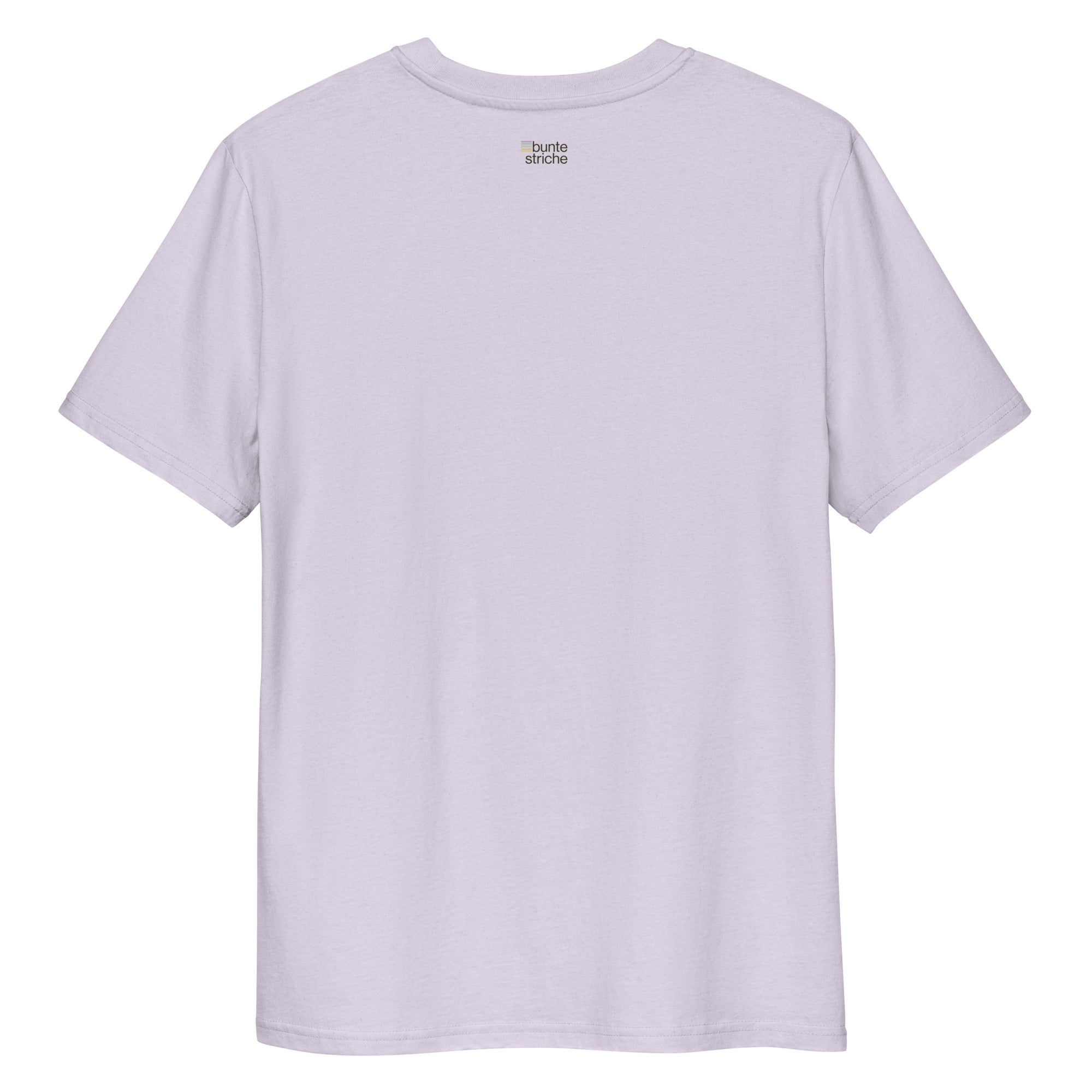Bio-Unisex-T-Shirt (Lavendel) mit buntestriche-Logo auf der Rückseite