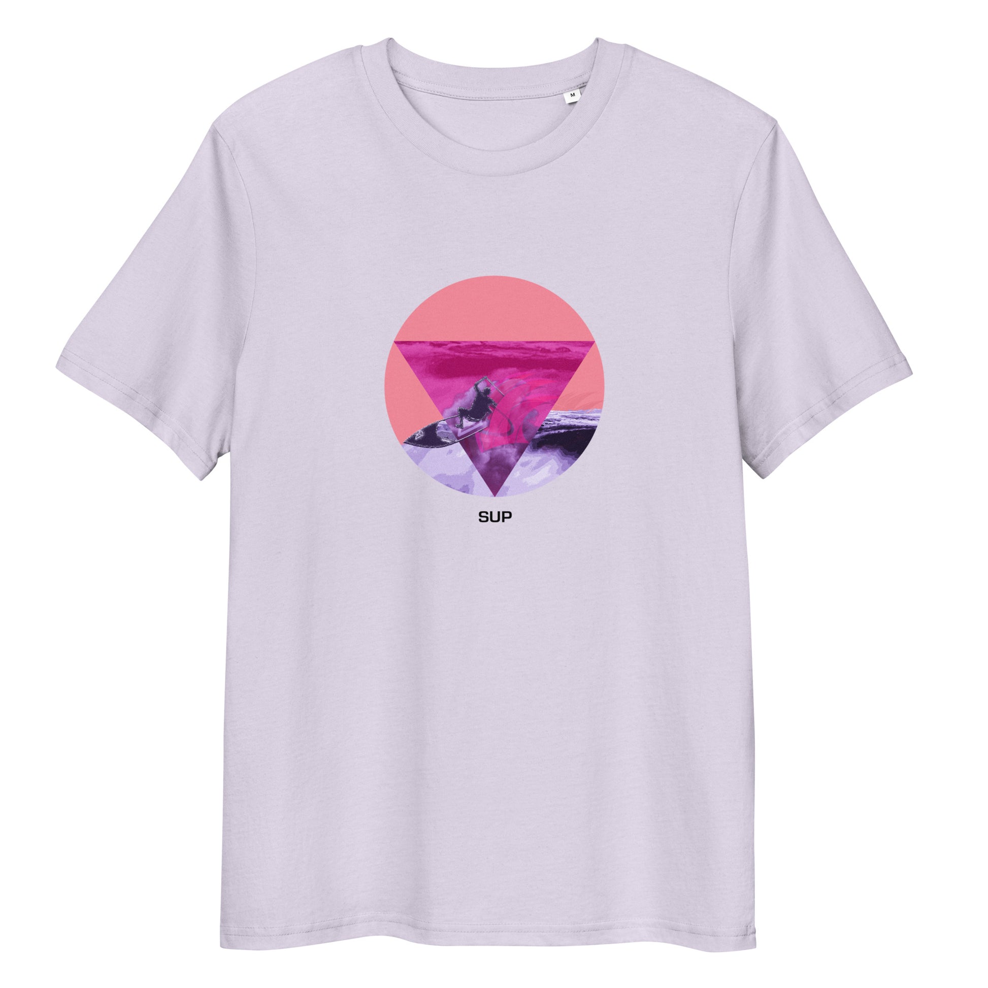 Bio-Unisex-T-Shirt (Lavendel) mit grafischen Aufdruck, welcher einen Surfer mit einem SUP auf einer Welle abbildet. Der Aufdruck steht für Stand Up Paddling