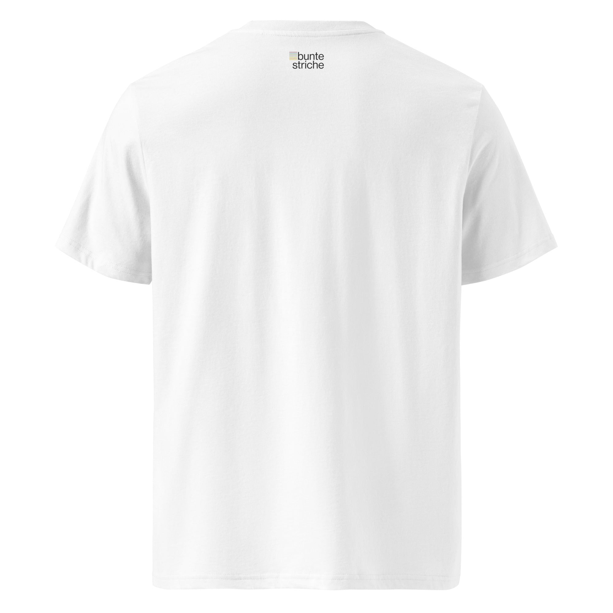 Weißes Bio-Unisex-T-Shirt mit buntestriche-Logo auf der Rückseite