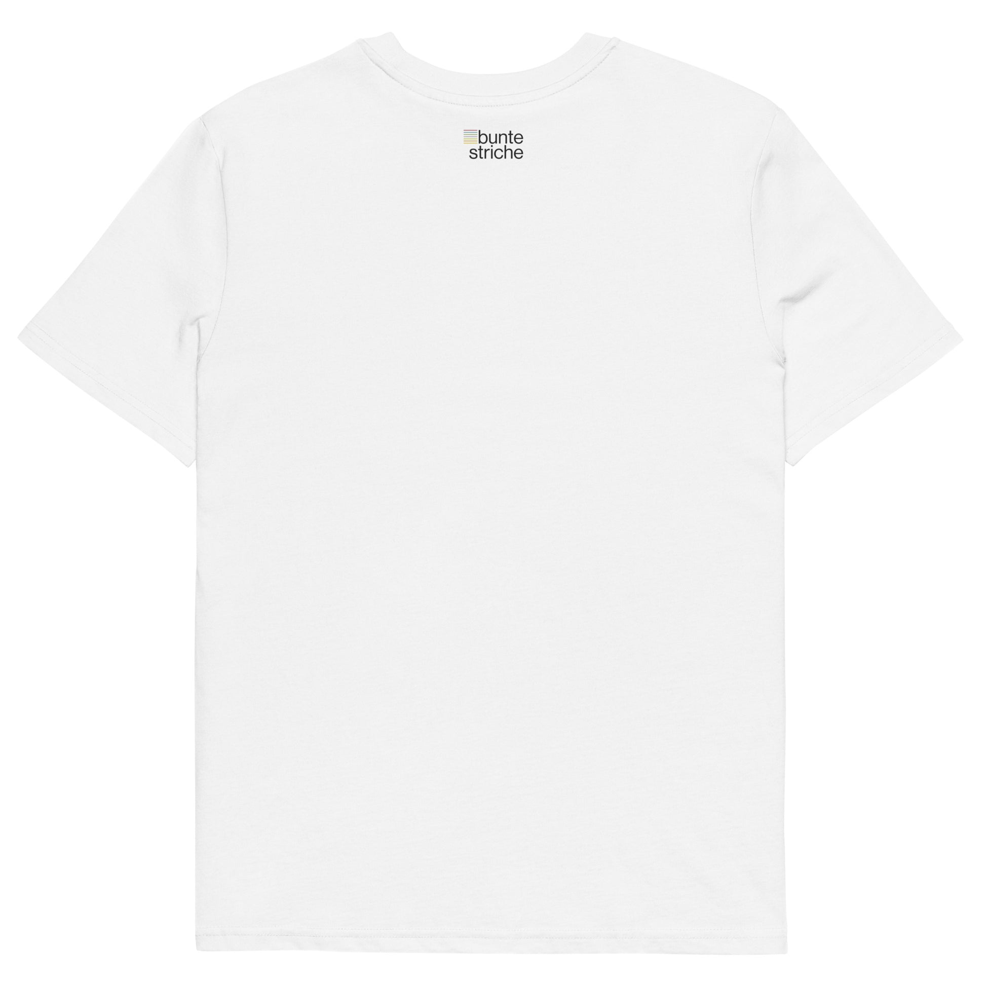 Weißes Bio-Unisex-T-Shirt mit buntestriche-Logo auf der Rückseite