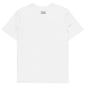 Weißes Bio-Unisex-T-Shirt mit buntestriche-Logo auf der Rückseite