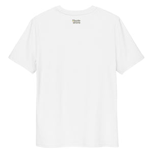 Weißes Bio-Unisex-T-Shirt mit buntestriche-Logo auf der Rückseite