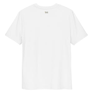 Weißes Bio-Unisex-T-Shirt mit buntestriche-Logo auf der Rückseite