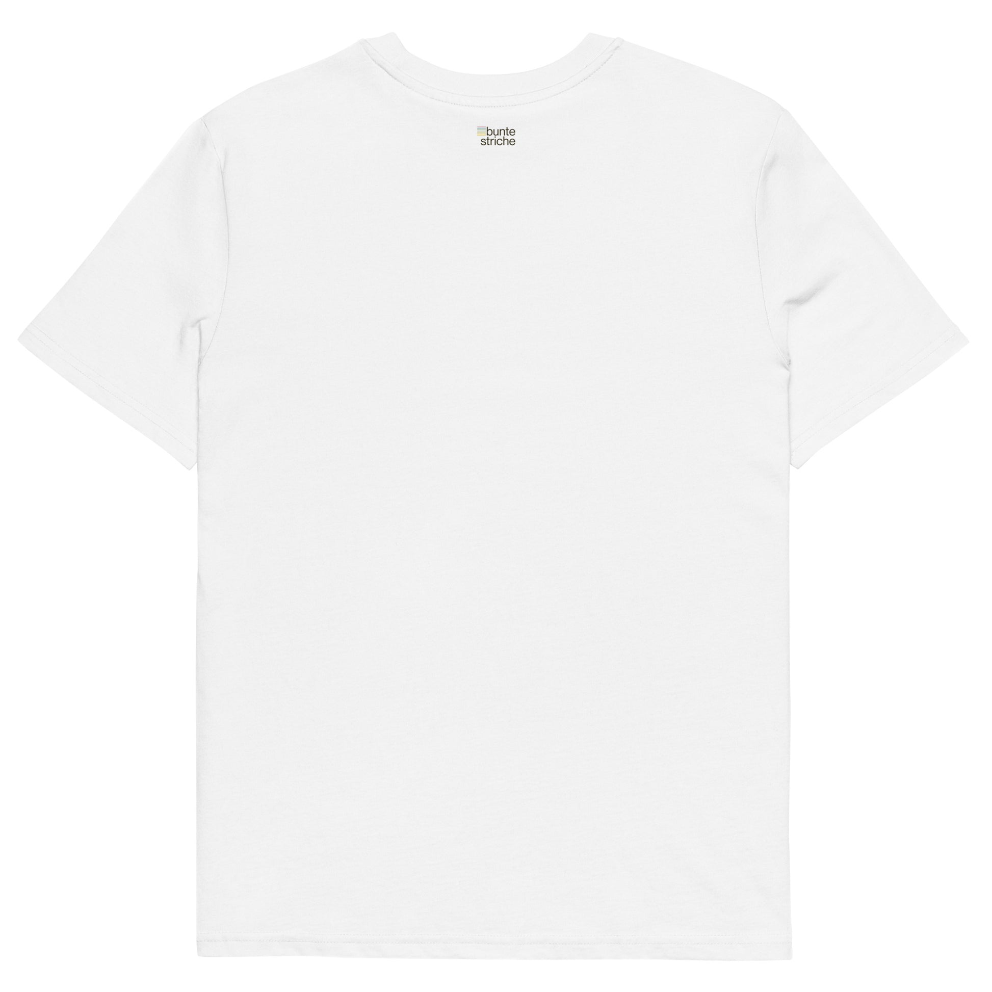 Rückseite des weißen T-Shirts mit kleinem „buntestriche“-Label mittig unter dem Kragen.
