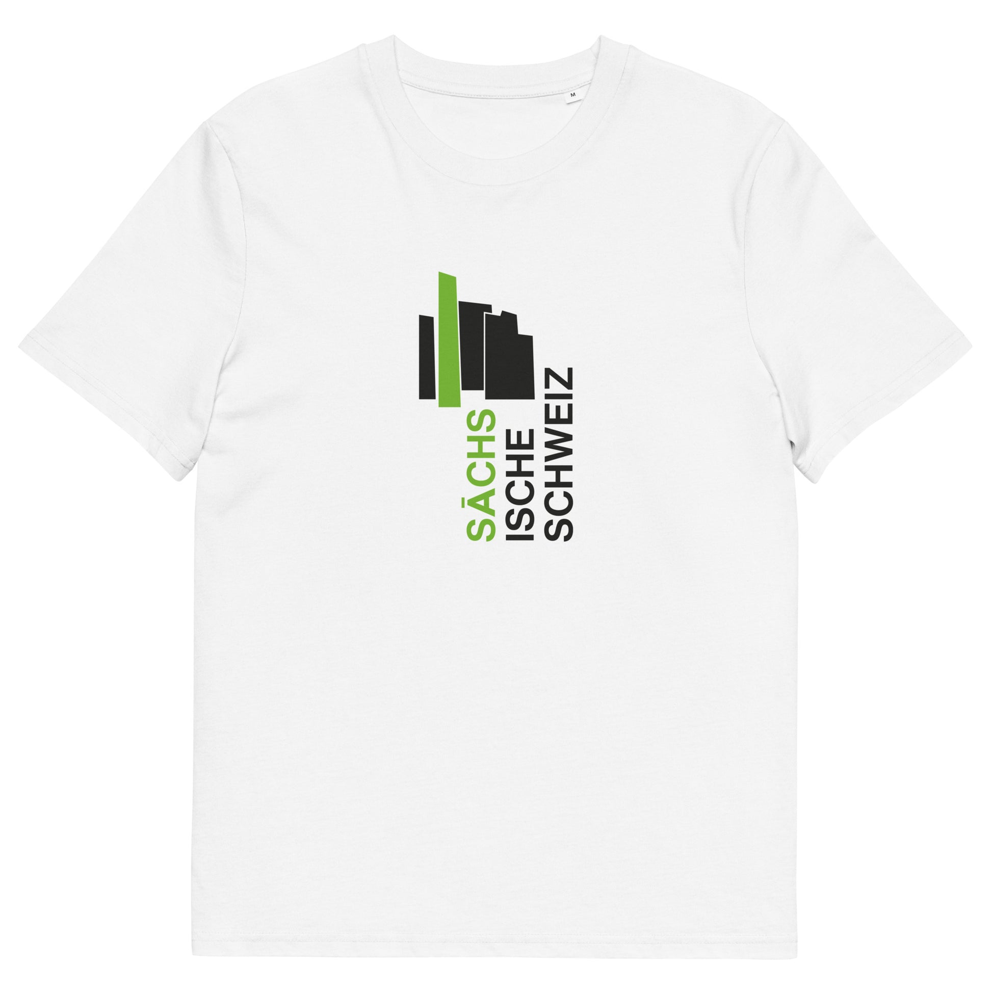 Weißes Bio-Unisex-T-Shirt mit stilisierten Aufdruck, welcher die Sächsische Schweiz abbildet
