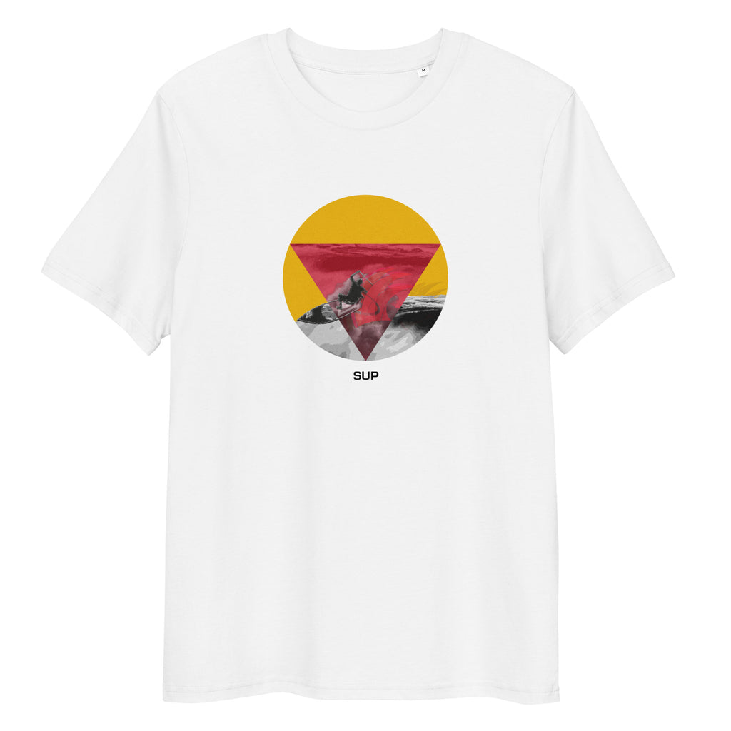 Weißes Bio-Unisex-T-Shirt mit grafischen Aufdruck, welcher einen Surfer mit einem SUP auf einer Welle abbildet. Der Aufdruck steht für Stand Up Paddling