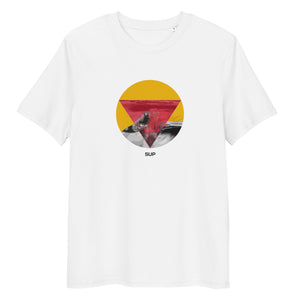 Weißes Bio-Unisex-T-Shirt mit grafischen Aufdruck, welcher einen Surfer mit einem SUP auf einer Welle abbildet. Der Aufdruck steht für Stand Up Paddling