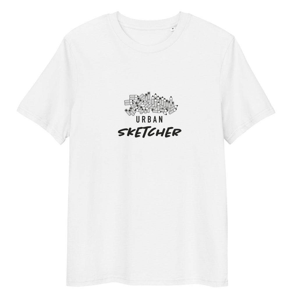 Weißes Bio-Unisex-T-Shirt mit stilisierten Aufdruck, welcher Stifte und den Schriftzug Urban Sketcher abbildet 