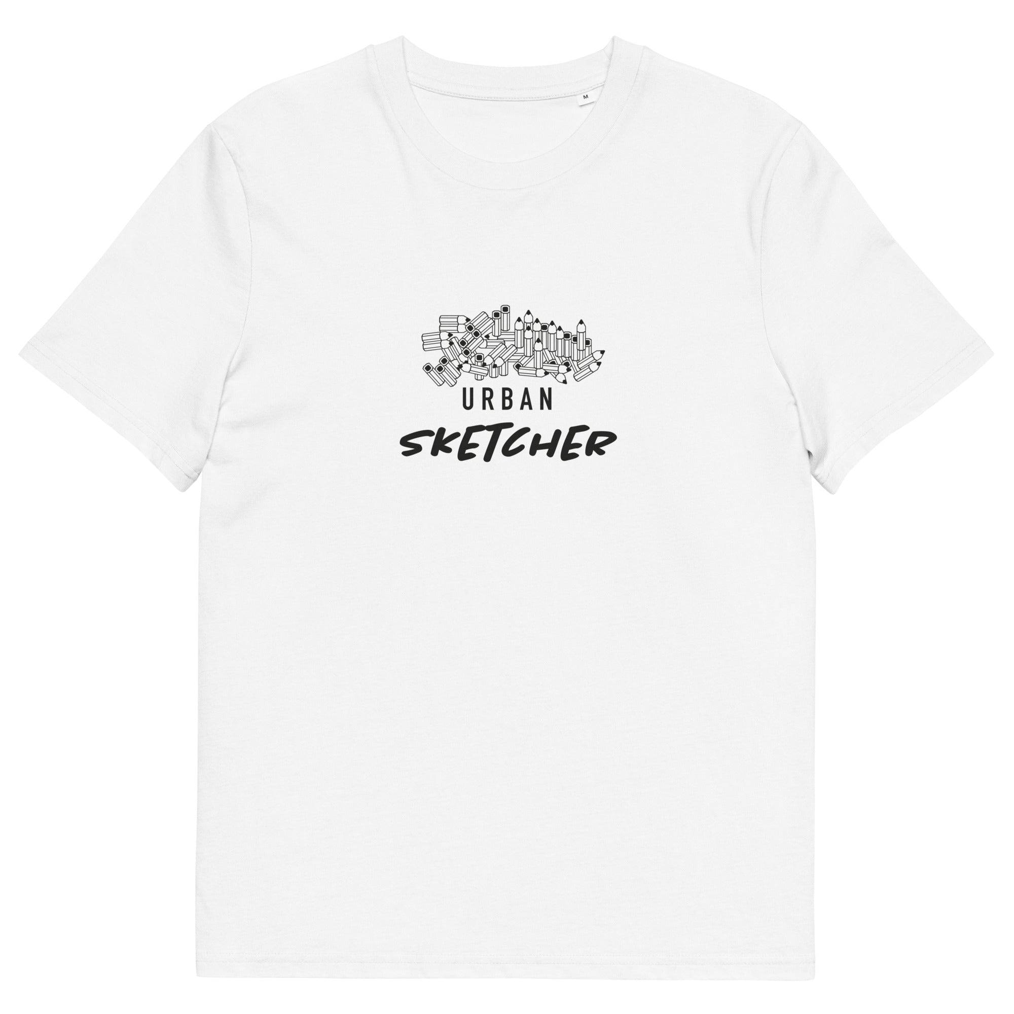 Weißes Unisex-T-Shirt aus Bio-Baumwolle mit stilisiertem Print – zeigt eine Auswahl an Zeichenstiften und den Schriftzug „Urban Sketcher“