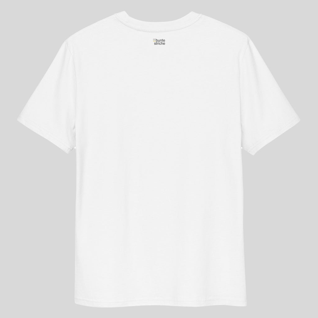 Weißes Bio-Unisex-T-Shirt mit buntestriche-Logo auf der Rückseite