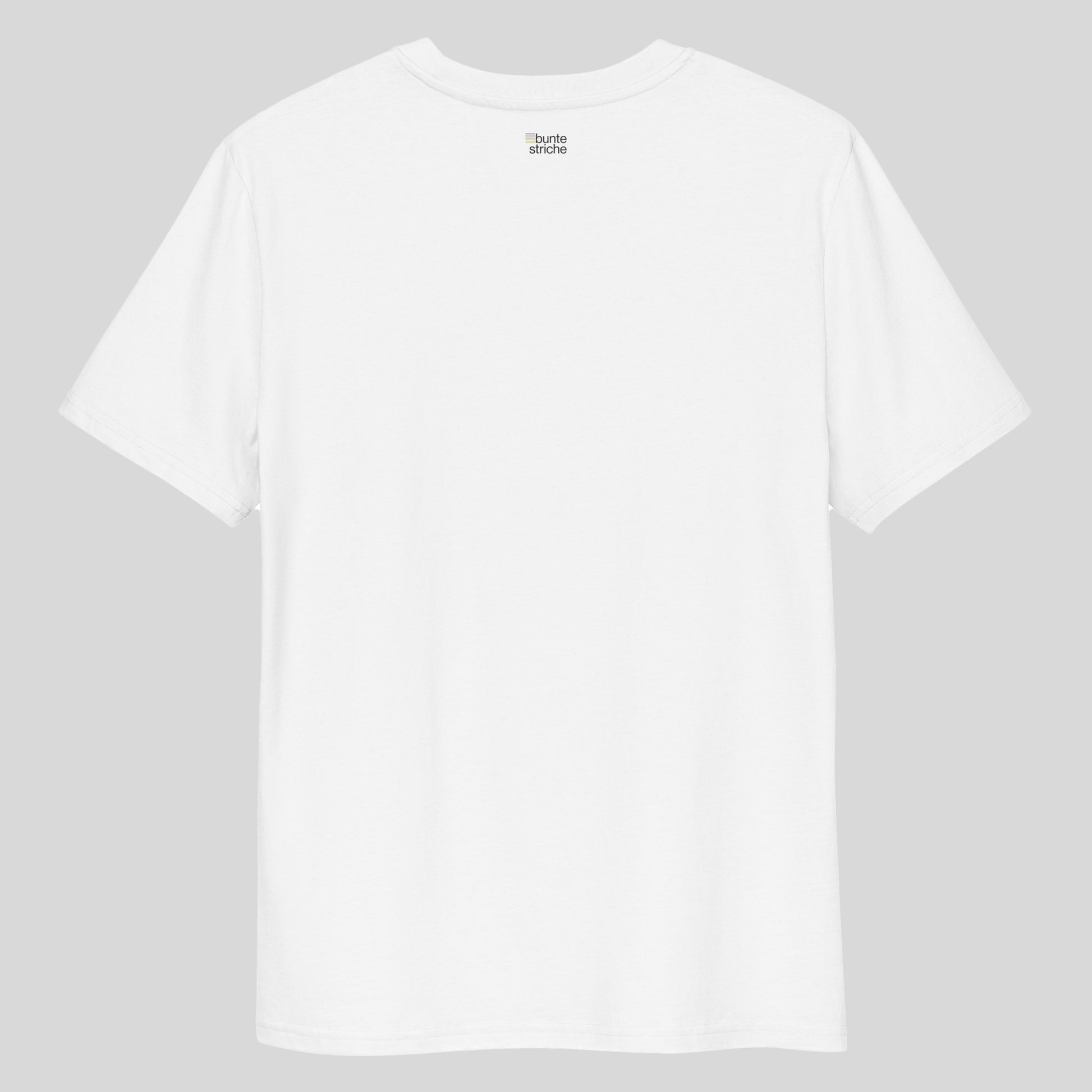 Weißes Bio-Unisex-T-Shirt mit buntestriche-Logo auf der Rückseite