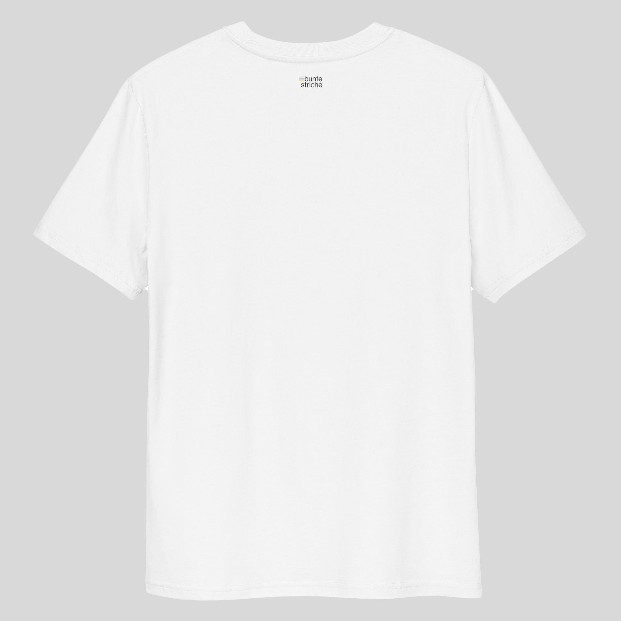 Weißes Bio-Unisex-T-Shirt mit buntestriche-Logo auf der Rückseite