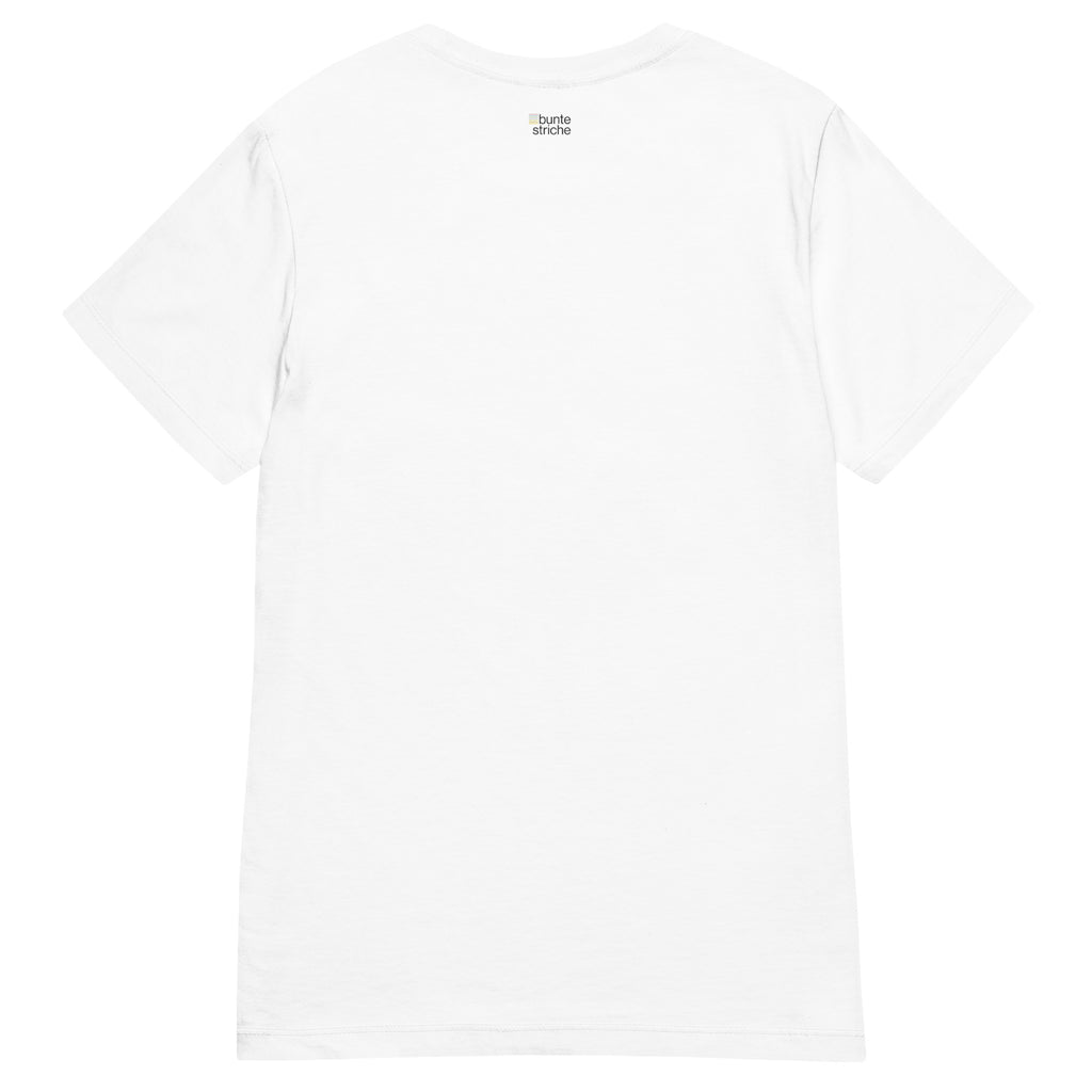 Rückseite des weißen T-Shirts mit kleinem „buntestriche“-Label mittig unter dem Kragen.