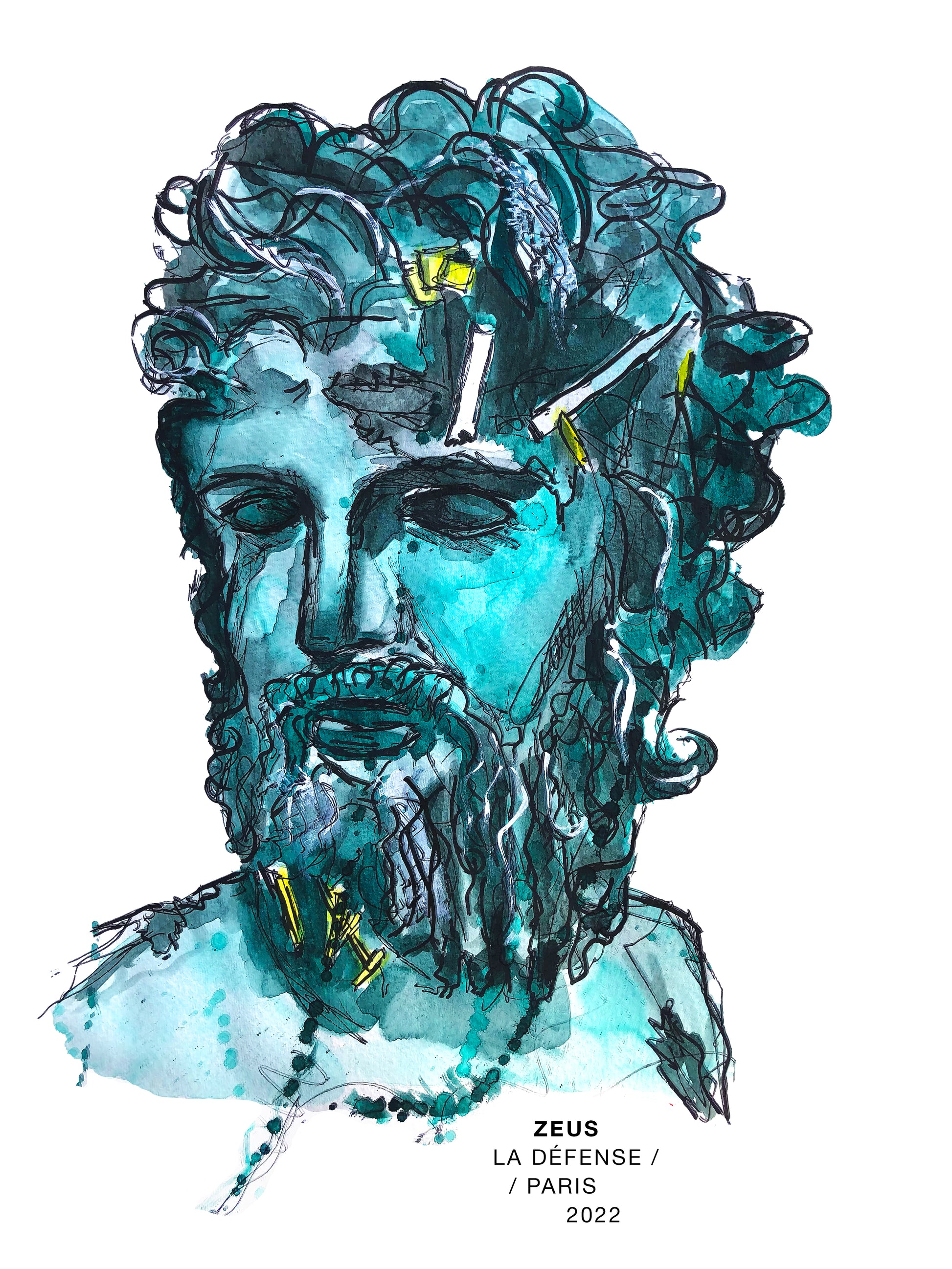 Handgezeichnete Aquarellillustration von Zeus in Bronzeoptik, inspiriert von der Skulptur „Eroded Zeus“ in La Défense, Paris. 